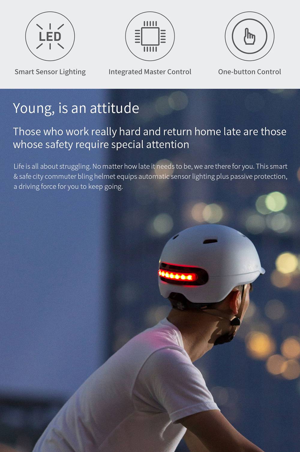 Xiaomi Smart4u SH50 Smart City Commuter Bling Helmet With Automatic Sensor Lighting IPX4 Waterproof Magnetic Charge Long Standby Size L - Black