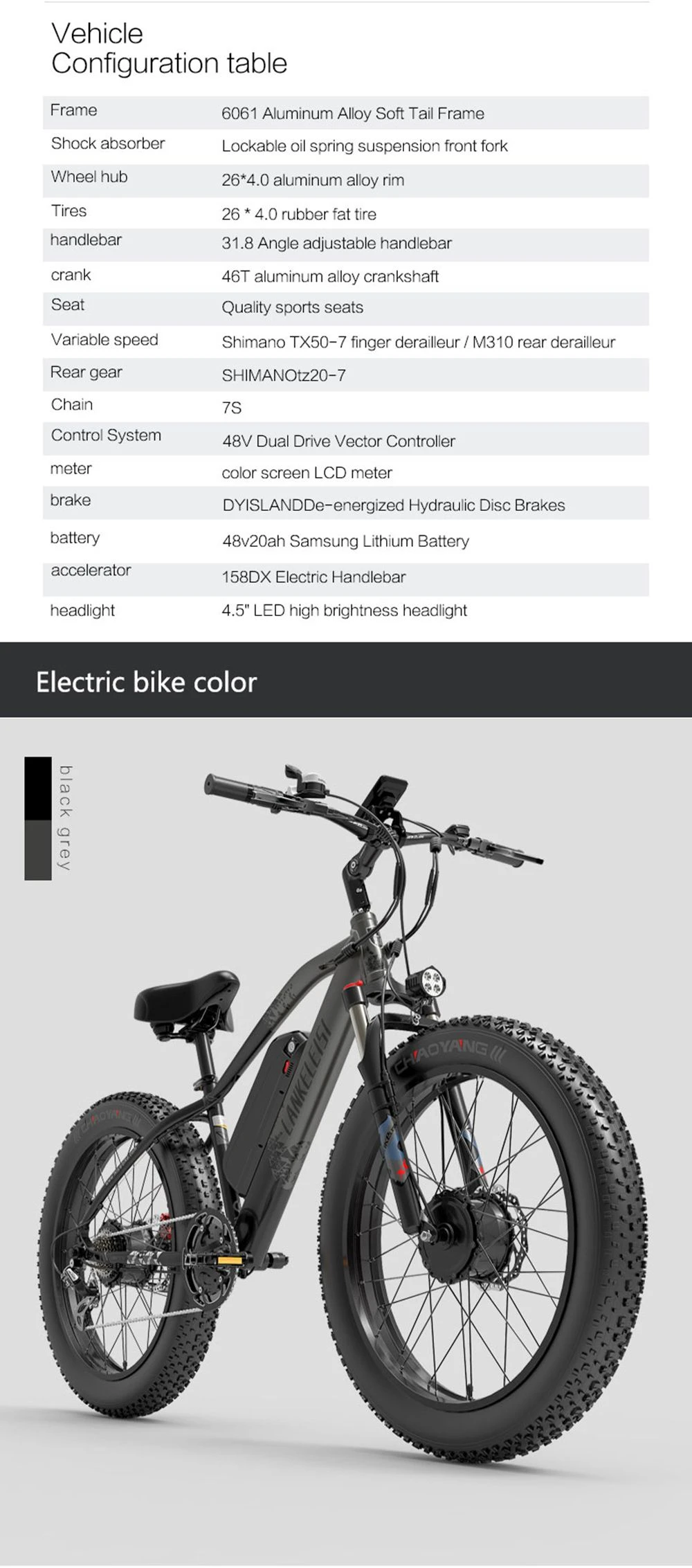 LANKELEISI MG740 PLUS Electric Bike 26*4.0'' Tires 1000W*2 Dual Motor 20Ah Battery 49km/h Max Speed - Black & Blue