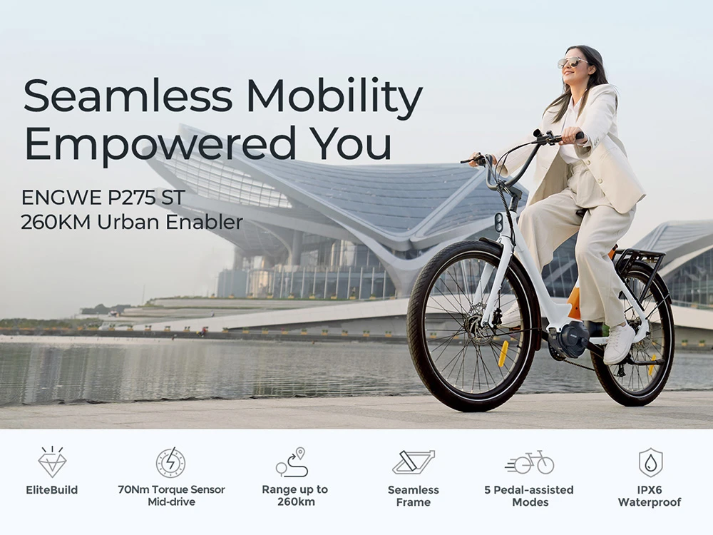 ENGWE P275 ST Urban Electric Bike, 250W Brushless Mid-drive Torque Sensor Motor, 36V 19.2Ah Battery, 260km Max Range, Hydraulic Disc Brake, 27.5'' Spoke Tires, SHIMANO 9-speed - Black