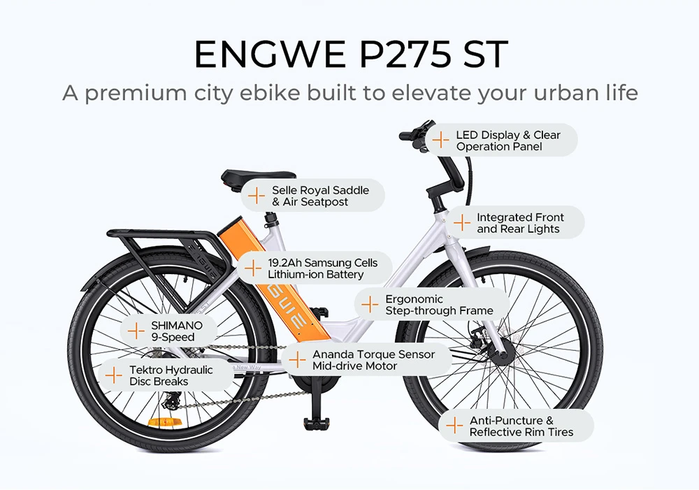 ENGWE P275 ST Urban Electric Bike, 250W Brushless Mid-drive Torque Sensor Motor, 36V 19.2Ah Battery, 260km Max Range, Hydraulic Disc Brake, 27.5'' Spoke Tires, SHIMANO 9-speed - Black