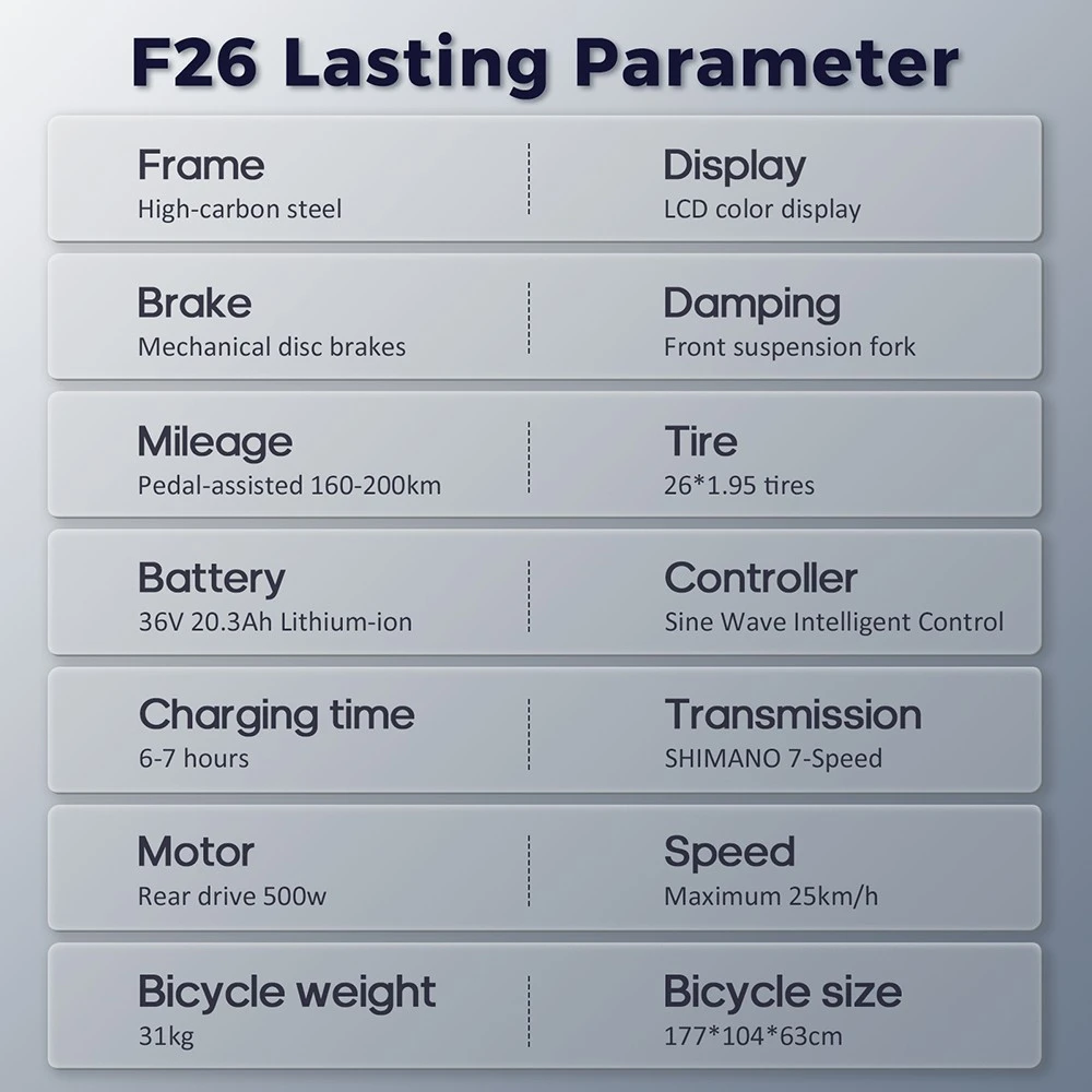 Fafrees F26 Lasting Electric Bike, 250W Motor, 36V 20.3Ah Battery, 26*1.95'' Tires, 25km/h Max Speed, 140km Range, SHIMANO 7 Speed, Mechanical Disc Brakes, 2.3-inch LCD Display - Black
