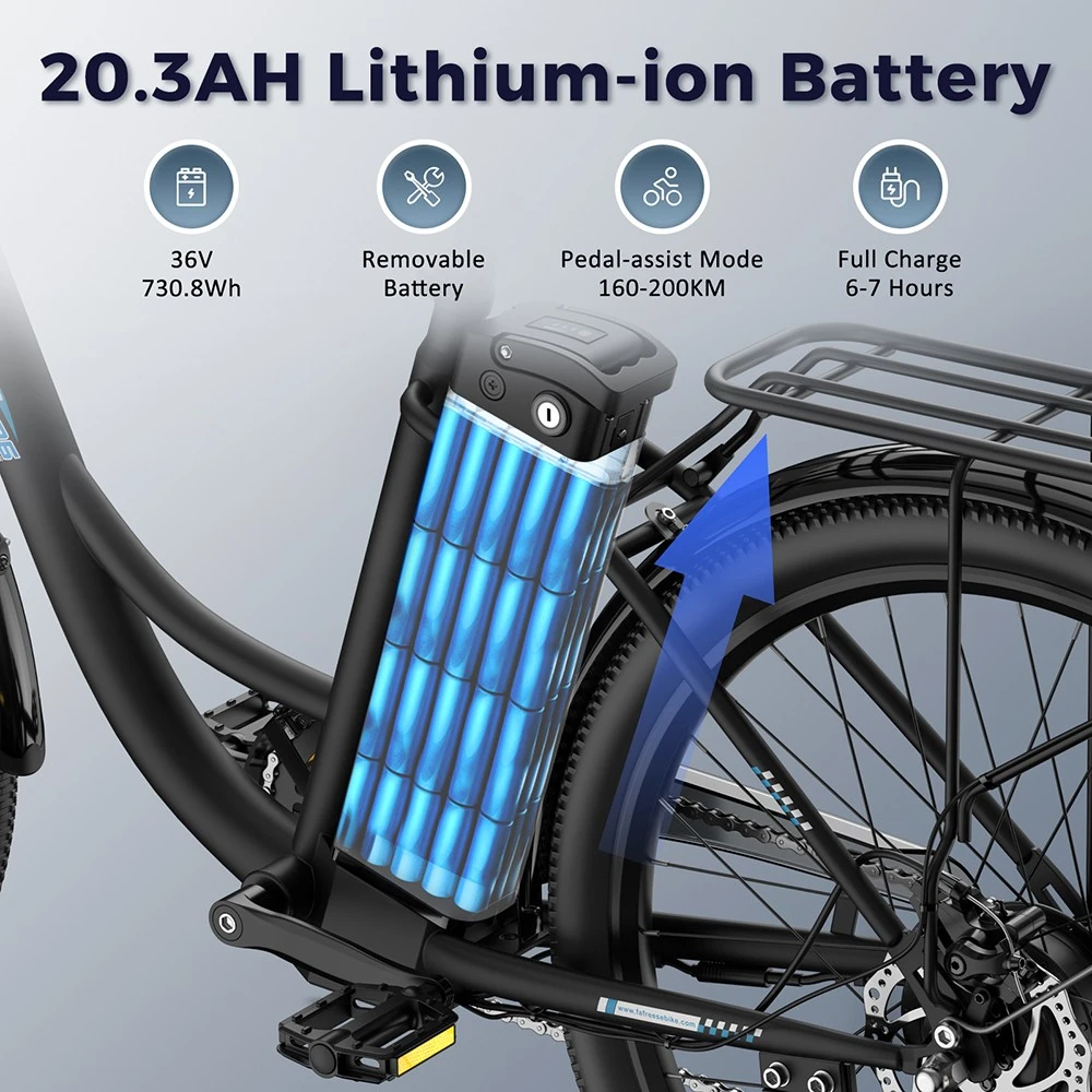 Fafrees F26 Lasting Electric Bike, 250W Motor, 36V 20.3Ah Battery, 26*1.95'' Tires, 25km/h Max Speed, 140km Range, SHIMANO 7 Speed, Mechanical Disc Brakes, 2.3-inch LCD Display - Black