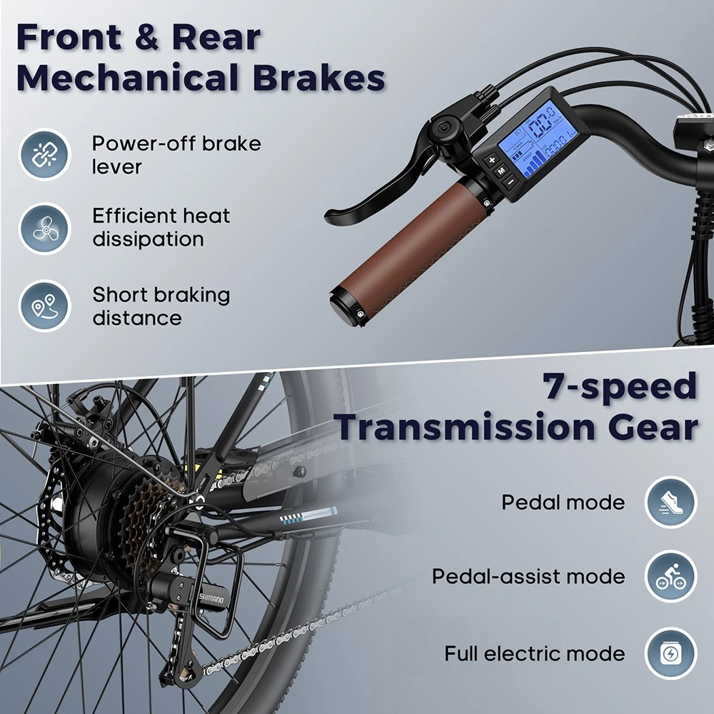 Fafrees F26 Lasting Electric Bike, 250W Motor, 36V 20.3Ah Battery, 26*1.95'' Tires, 25km/h Max Speed, 140km Range, SHIMANO 7 Speed, Mechanical Disc Brakes, 2.3-inch LCD Display - Black