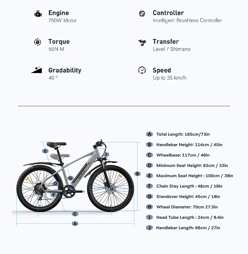 GUNAI GN27 Electric Bike, 750W Motor, 48V 10.4Ah Battery, Torque Sensor, 27.5-inch Tires, 35km/h Max Speed, 70km Max Range, Shimano 7-speed, Disc Brake