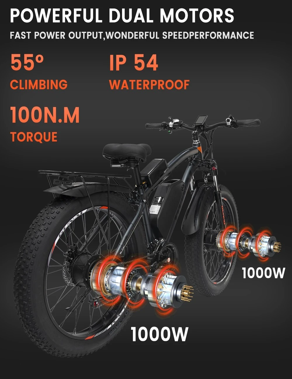 GUNAI GN88 Electric Mountain Bike 26*4.0in Fat Tires 1000W*2 Motors 55km/h Max Speed 48V 22Ah Battery 130km Range