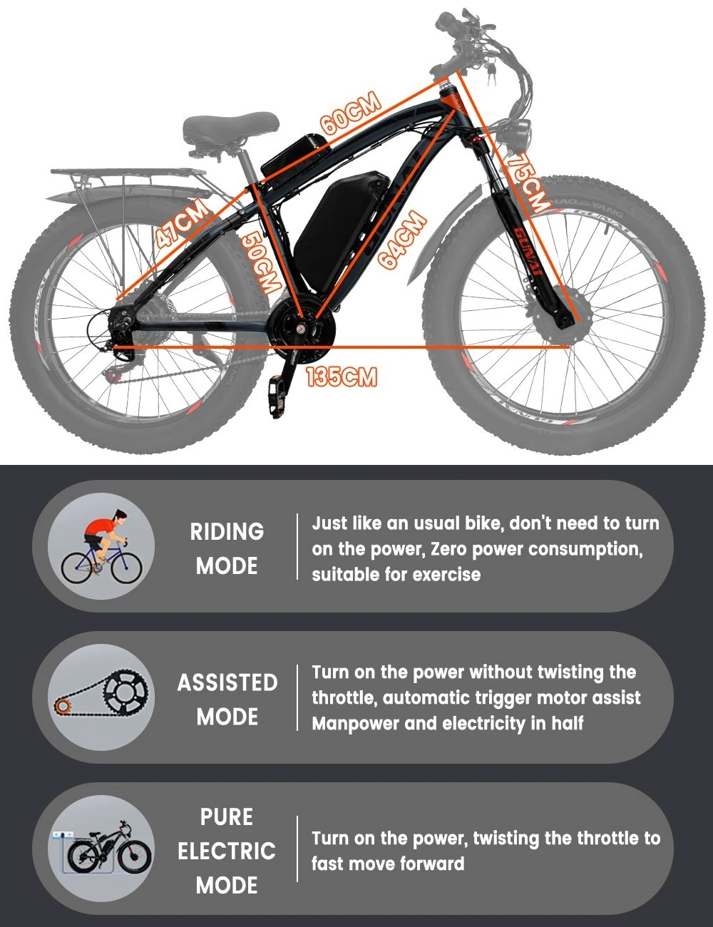 GUNAI GN88 Electric Mountain Bike 26*4.0in Fat Tires 1000W*2 Motors 55km/h Max Speed 48V 22Ah Battery 130km Range