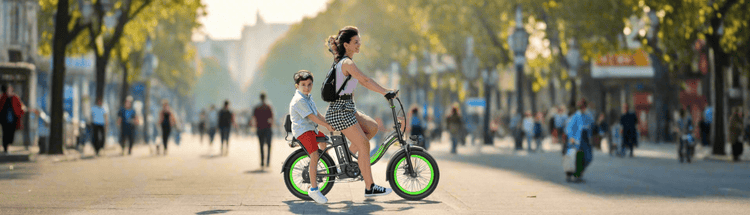 Mon riding the Hidoes C1 ebike with her son