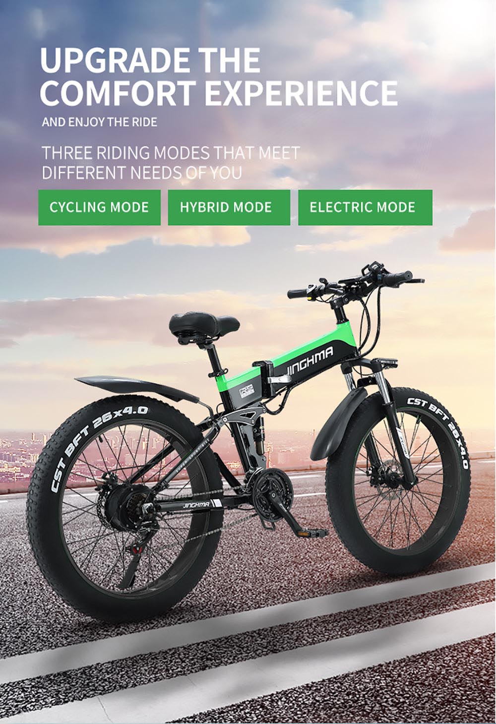 JINGHMA R5 1000W 48V 12.8Ah 26*4.0 Inch Fat Electric Bicycle 50km/h Max Speed 100km Range with 2 Batteries