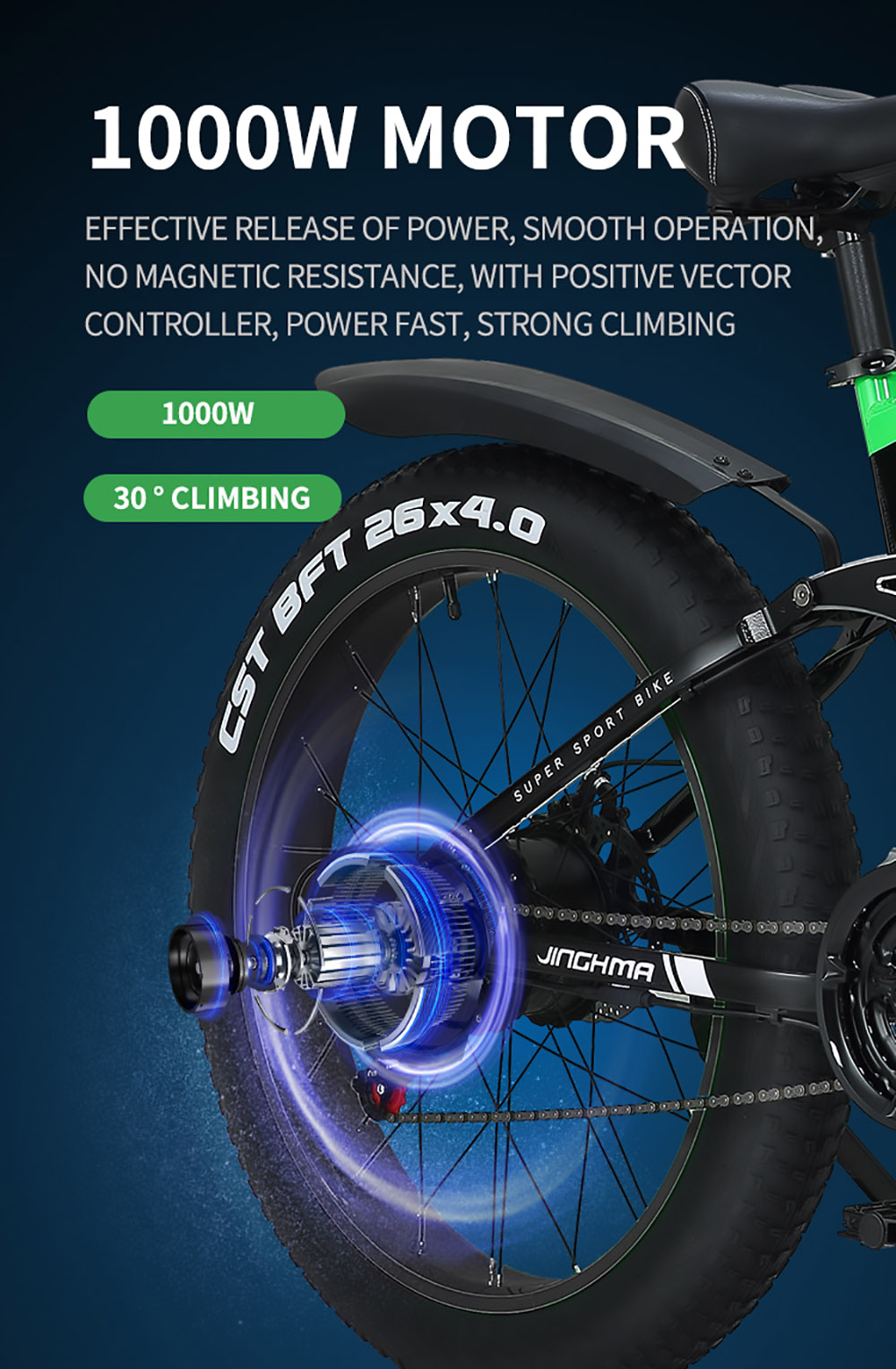 JINGHMA R5 1000W 48V 12.8Ah 26*4.0 Inch Fat Electric Bicycle 50km/h Max Speed 100km Range with 2 Batteries