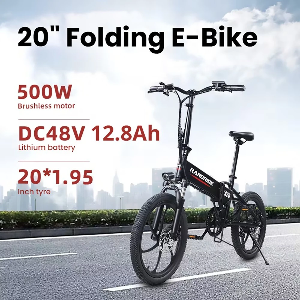 RANDRIDE YA20 Electric Bike 500W Motor 40km/h Max Speed 48V 12.8Ah Battery 80-90 Max Range 20*1.95'' CST Tires 120kg Load Shimano 7 Speed