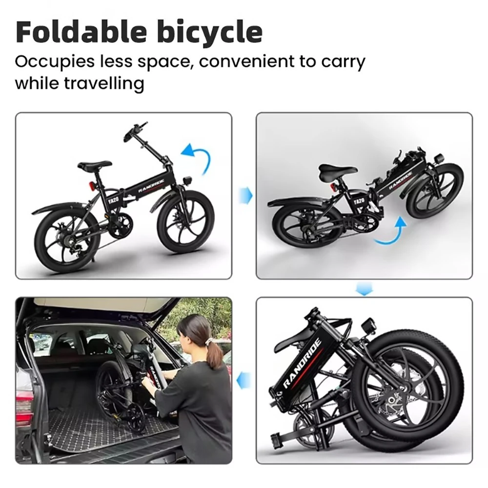 RANDRIDE YA20 Electric Bike 500W Motor 40km/h Max Speed 48V 12.8Ah Battery 80-90 Max Range 20*1.95'' CST Tires 120kg Load Shimano 7 Speed