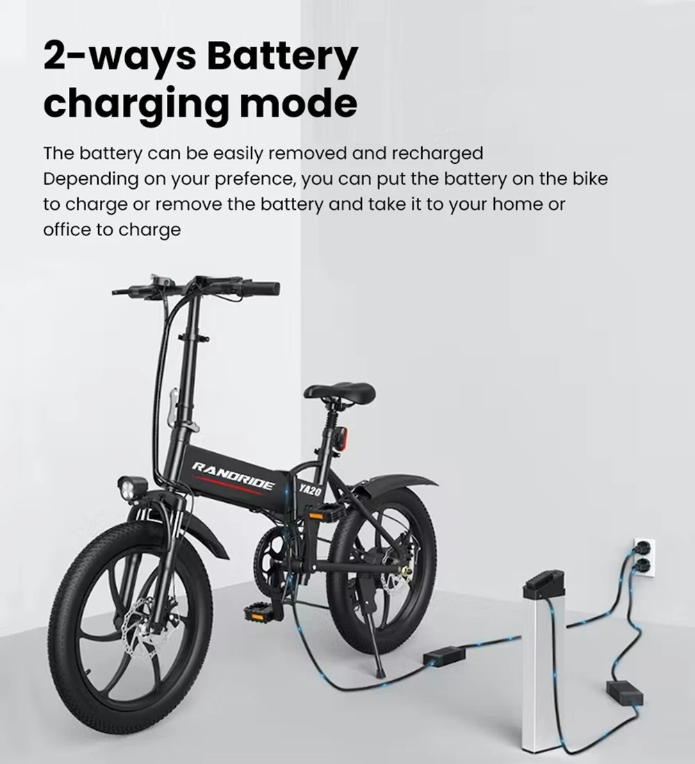 RANDRIDE YA20 Electric Bike 500W Motor 40km/h Max Speed 48V 12.8Ah Battery 80-90 Max Range 20*1.95'' CST Tires 120kg Load Shimano 7 Speed