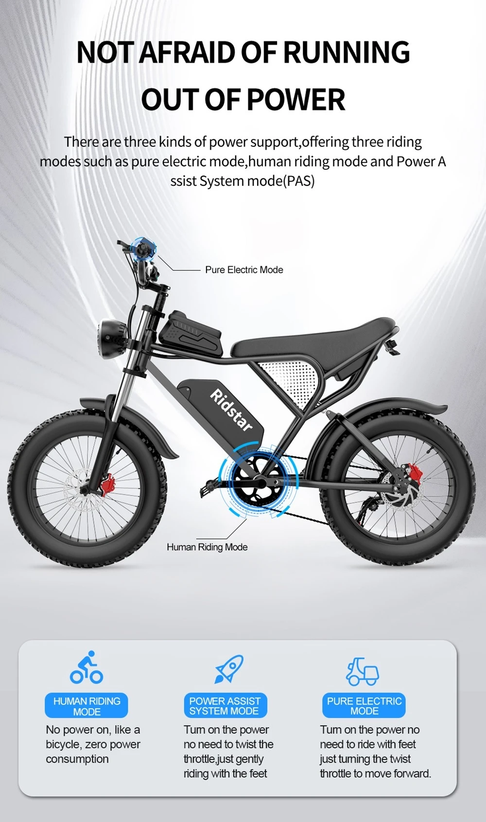 Ridstar Q20 Electric Bike, 1000W Brushless Motor 20*4 Inch Fat Tires 48V 20Ah Removable Battery 30mph Max Speed 75miles Max Range Hydraulic Disc Brake