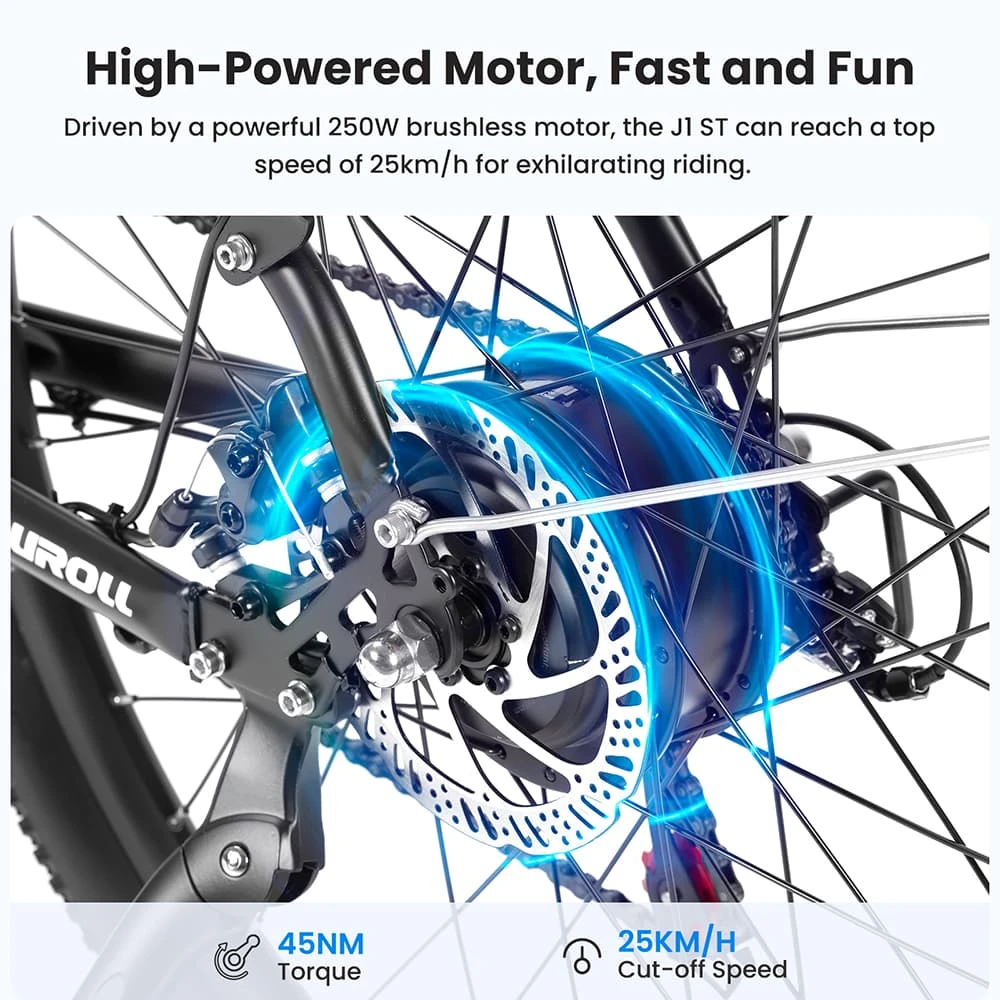 Touroll J1 ST Trekking Bike with 250W Motor, 27.5in Wheels, 561.6Wh Battery, 100km Range, Mechanical Disc Brake & E-Brake (Black)