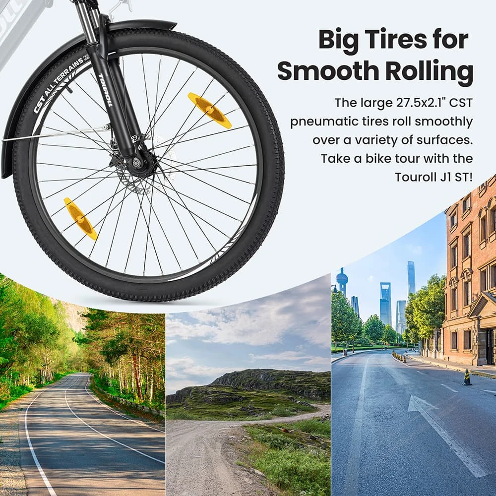 Touroll J1 ST Trekking Bike with 250W Motor, 27.5in Wheels, 561.6Wh Battery, 100km Range, Mechanical Disc Brake & E-Brake (Black)