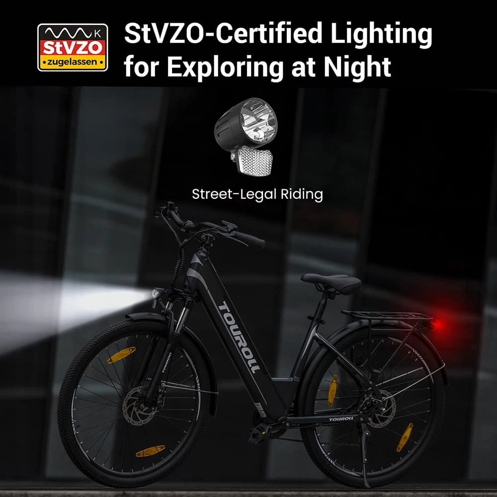 Touroll J1 ST Trekking Bike with 250W Motor, 27.5in Wheels, 561.6Wh Battery, 100km Range, Mechanical Disc Brake & E-Brake (Black)