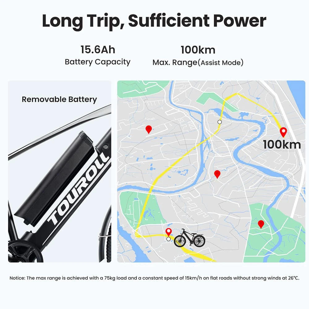Touroll J1 Trekking Bike with 250W Motor, 27.5in Wheels, 561.6Wh Battery, 100km Range, Mechanical Disc Brake & E-Brake (Black)