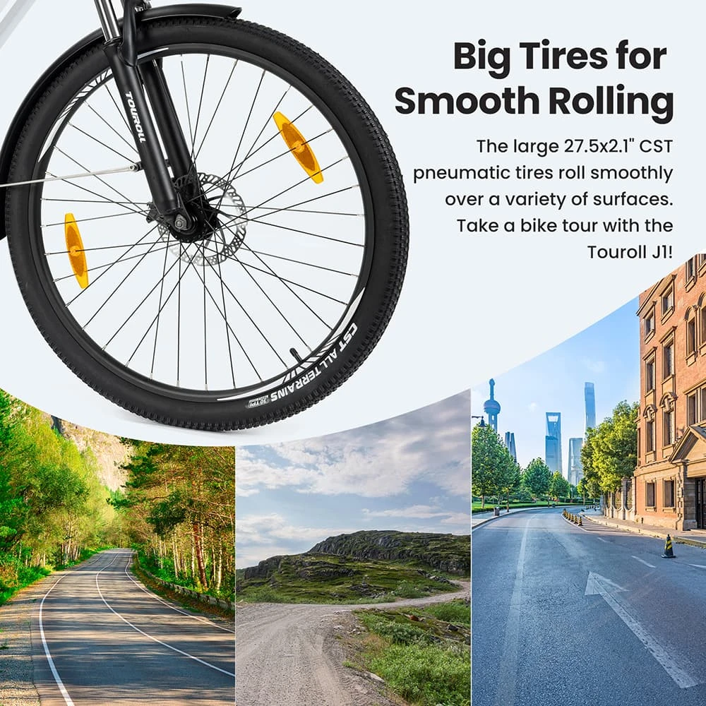 Touroll J1 Trekking Bike with 250W Motor, 27.5in Wheels, 561.6Wh Battery, 100km Range, Mechanical Disc Brake & E-Brake (Black)