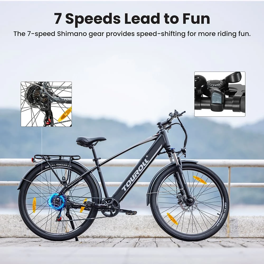 Touroll J1 Trekking Bike with 250W Motor, 27.5in Wheels, 561.6Wh Battery, 100km Range, Mechanical Disc Brake & E-Brake (Black)