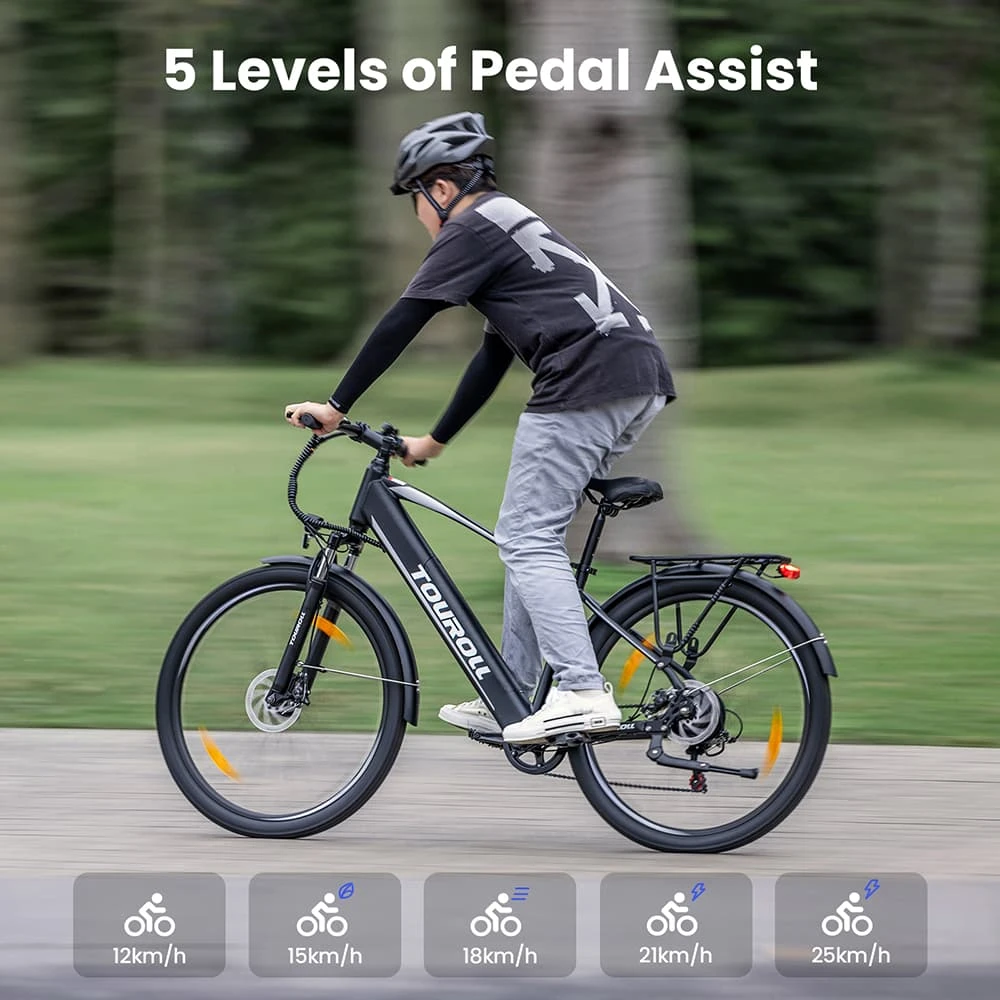 Touroll J1 Trekking Bike with 250W Motor, 27.5in Wheels, 561.6Wh Battery, 100km Range, Mechanical Disc Brake & E-Brake (Black)