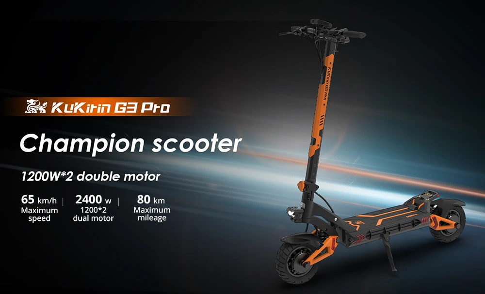 KuKirin G3 Pro 1200W*2 Motors Off-Road Electric Scooter 10 Inch Tires, 52V 23.2Ah Removable Battery, 80KM Top Range, 65Km/h Max Speed, Double Shock Absorber, IP54 Waterproof, Double Oil Brakes