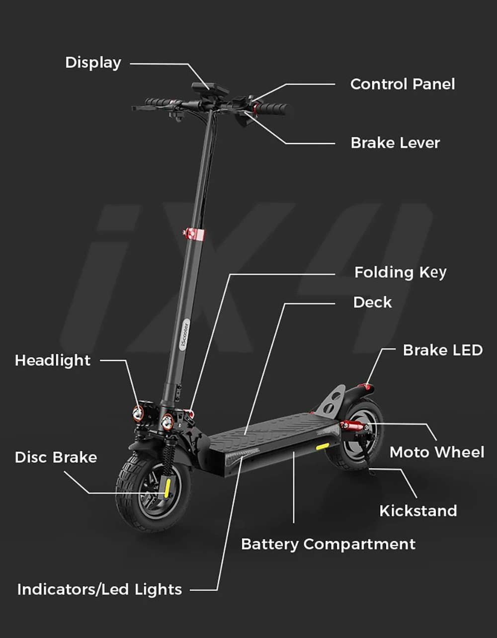 iScooter IX4 Electric Scooter 10'' Honeycomb Tires 800W Motor 45km/h Max Speed 48V 15Ah Battery 40-45km Range App Control