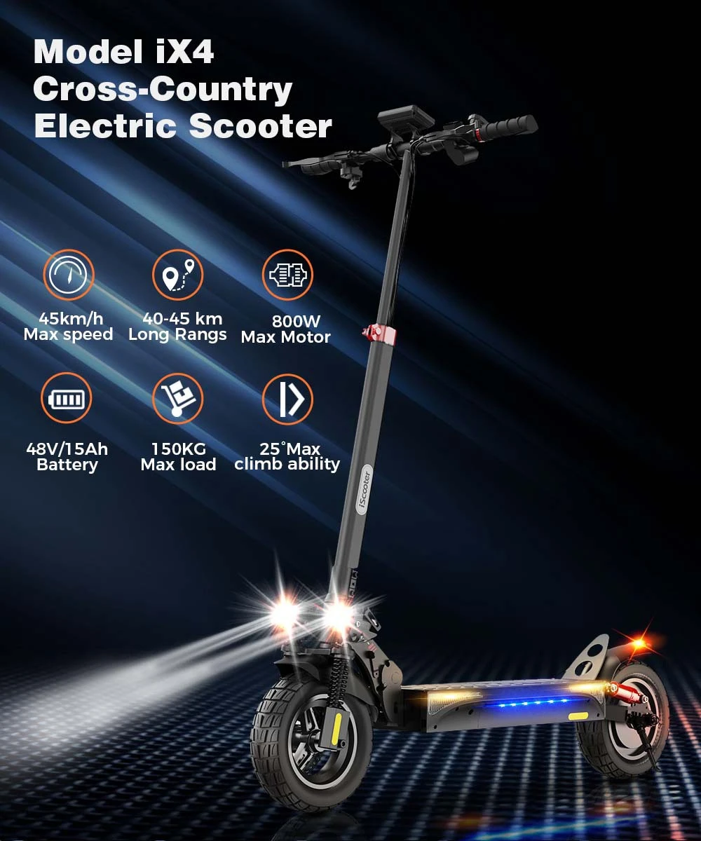iScooter IX4 Electric Scooter 10'' Honeycomb Tires 800W Motor 45km/h Max Speed 48V 15Ah Battery 40-45km Range App Control